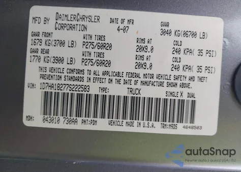 2007 Dodge Ram 1500 Slt из США, поврежденный, VIN 1D7HA18277S222583